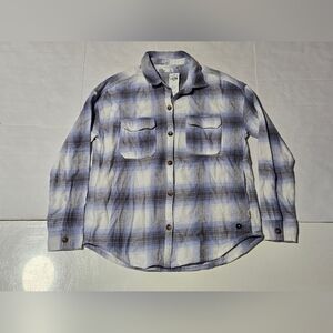 Hollister Womens Medium Blue Plaid Boyfriend Fit Button Flannel Shacket Shirt